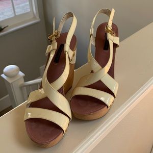 Gently used Louis Vuitton high heeled sandals off white lavender insoles size 7